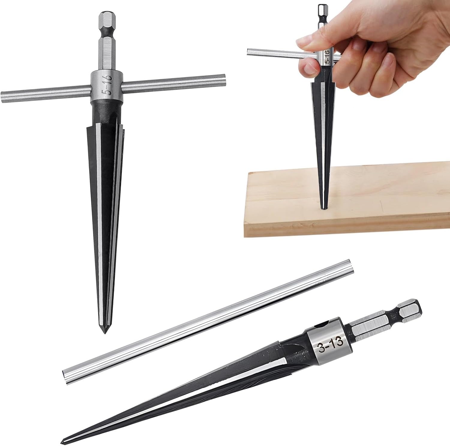 2-teiliger Konischer Reibahlensatz Mit T-griff (3–13 Mm Und 5–16 Mm) Und 6-nut-anfaswerkzeug Für Stegbolzenlöcher In Der Holzbearbeitung.