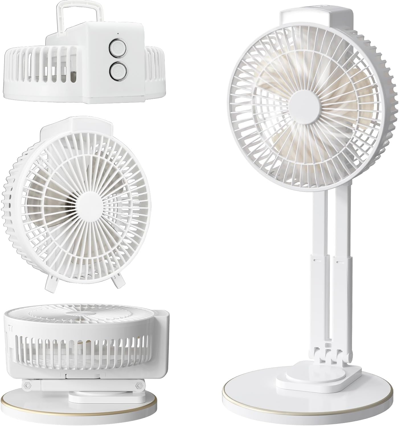 Wiederaufladbarer 7-zoll-tischventilator – Mit Lampe Und Haken – Höhenverstellbar – Abnehmbarer Kopf – Usb – Weiß – Für Camping, Büro Und Outdoor-aktivitäten