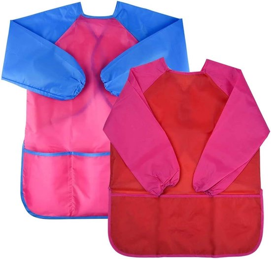 Rote Und Magentafarbene, Zweiteilige, Wasserdichte Malschürzen Mit Langen Ärmeln Und Taschen Für Kinder Im Alter Von 3-7 Jahren