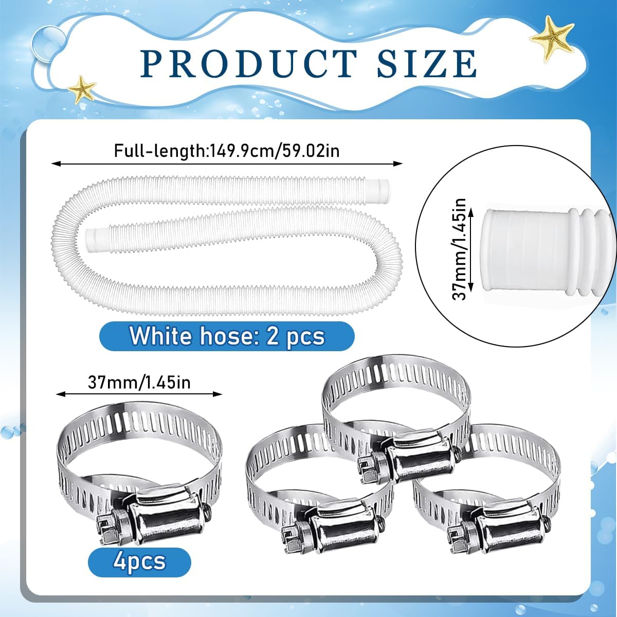 Set Mit 2 Poolschläuchen, 32-mm-schläuche, Poolsaugerschläuche, Eine Poolpumpe Mit 4 Klemmen, Maße 149,9 X 3,2 Cm, Für Aufstellpools Und Pools, Verschiedene Wasserarten (weiß)