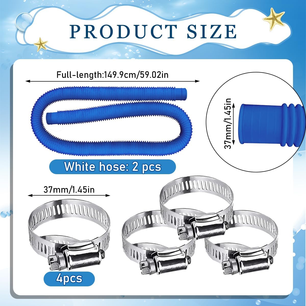 Set Mit 2 Poolschläuchen, 32-mm-schläuche, Poolsaugerschläuche, 4 Befestigungsklammern, 149,9 X 3,2 Cm, Für Aufstellpools Und Poolreinigung, Verschiedene Wasserpumpen (blau)