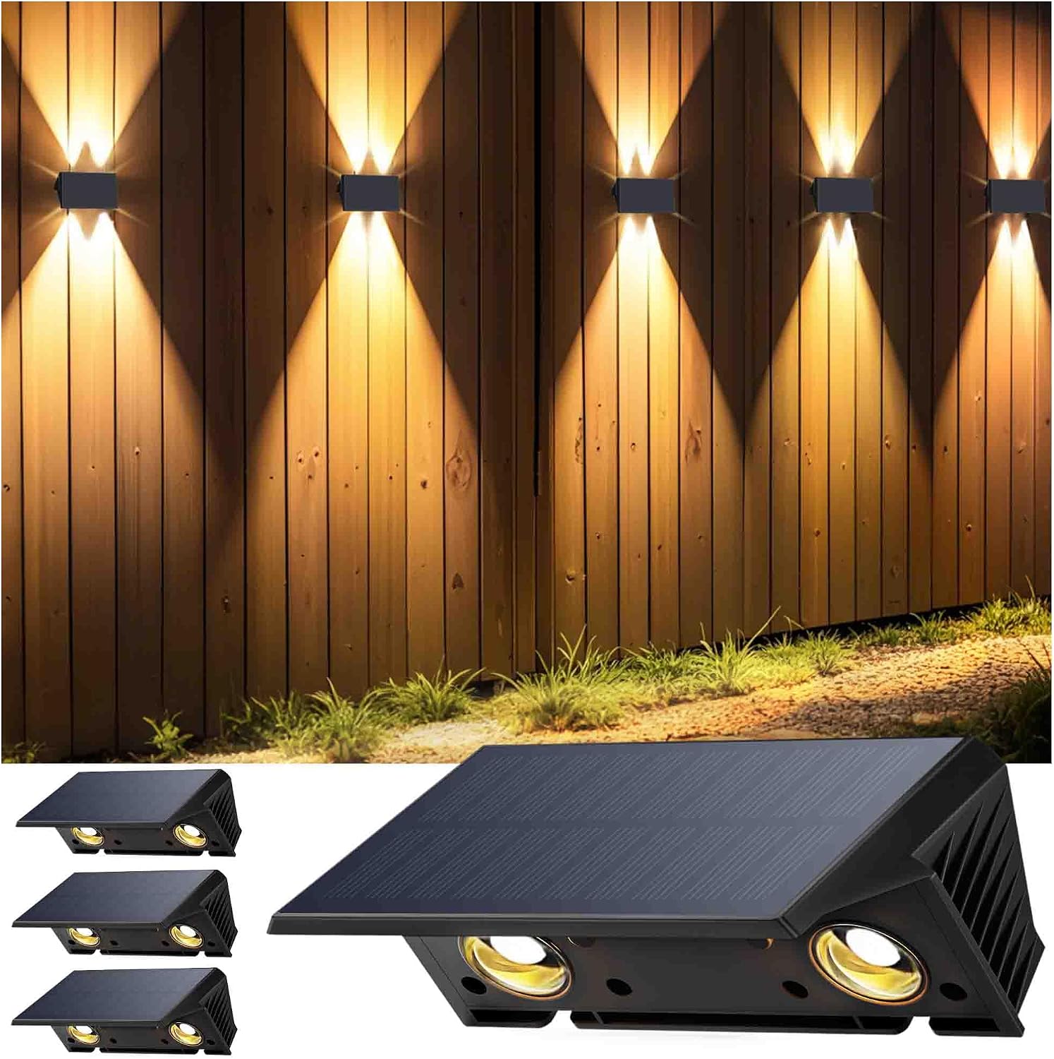 4er-pack Solar-zaunleuchten, Ober- Und Unterbeleuchtung, Dämmerungssensor, Wasserdichte Außenwandleuchten Für Garten Und Veranda (warmweiß)