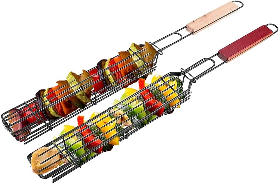 2-teiliges Grillset Mit Holzgriffen Geeignet Zum Grillen Von Fleischspießen, Würstchen, Gemüse, Fisch Und Garnelen 48,5 X 5 Cm