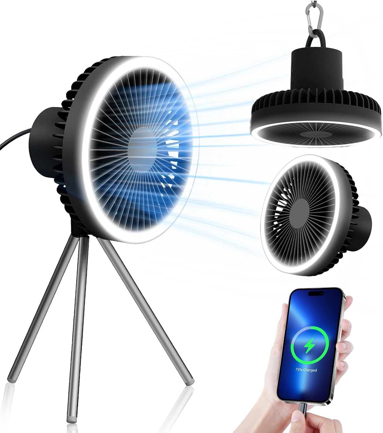Campingventilator Mit Led-laterne, Akkubetriebener Ventilator Mit 10.000 Mah Kapazität, Haken, Stativ, Wiederaufladbarer Outdoor-ventilator, 3 Geschwindigkeitsstufen Einstellbar