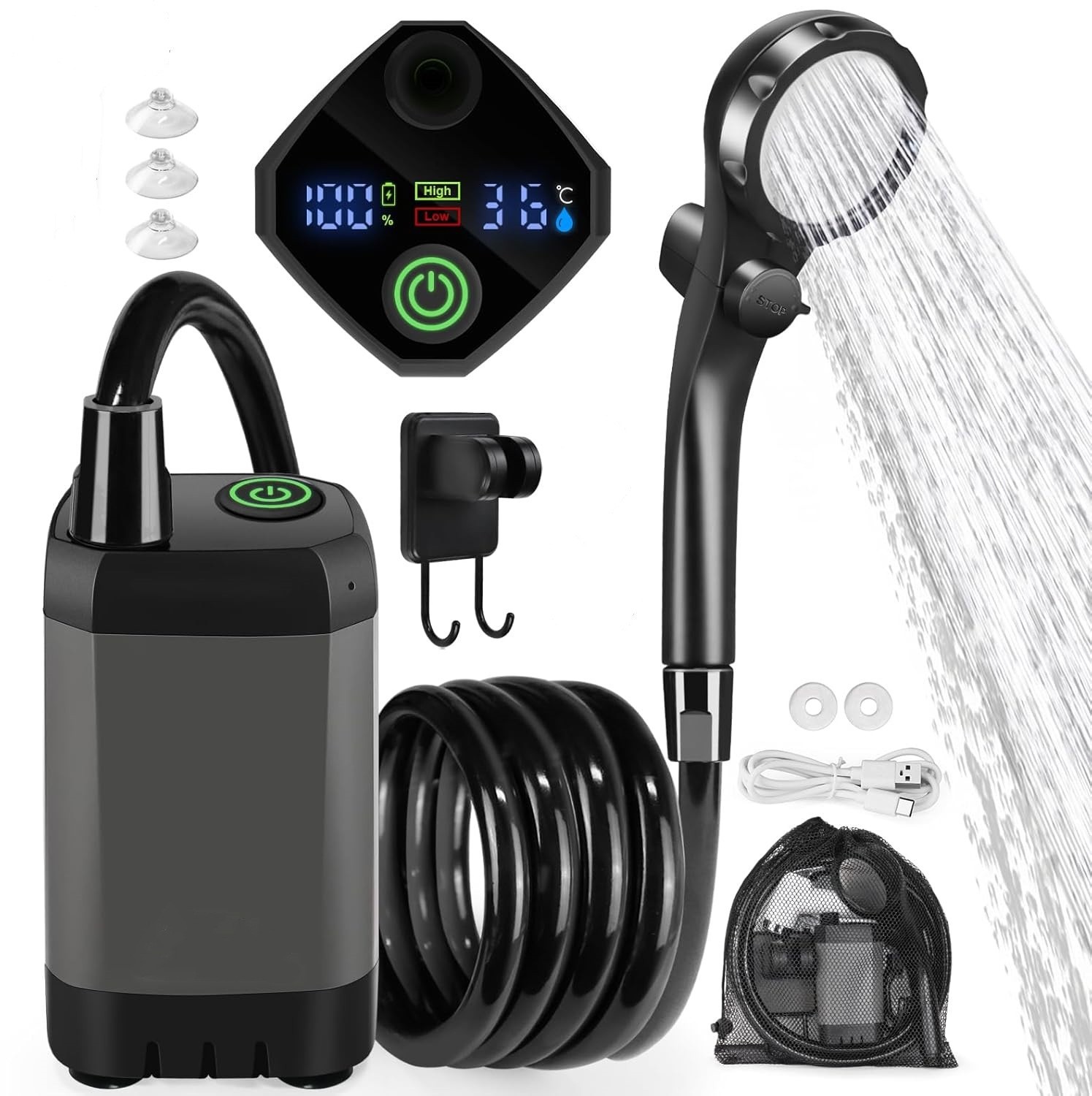 Camping-duschset, Dusche, Wiederaufladbare Elektrische Duschpumpe, Wasserdicht, Mit Smart-display Und 4-modus-duschkopf Für Den Outdoor-einsatz