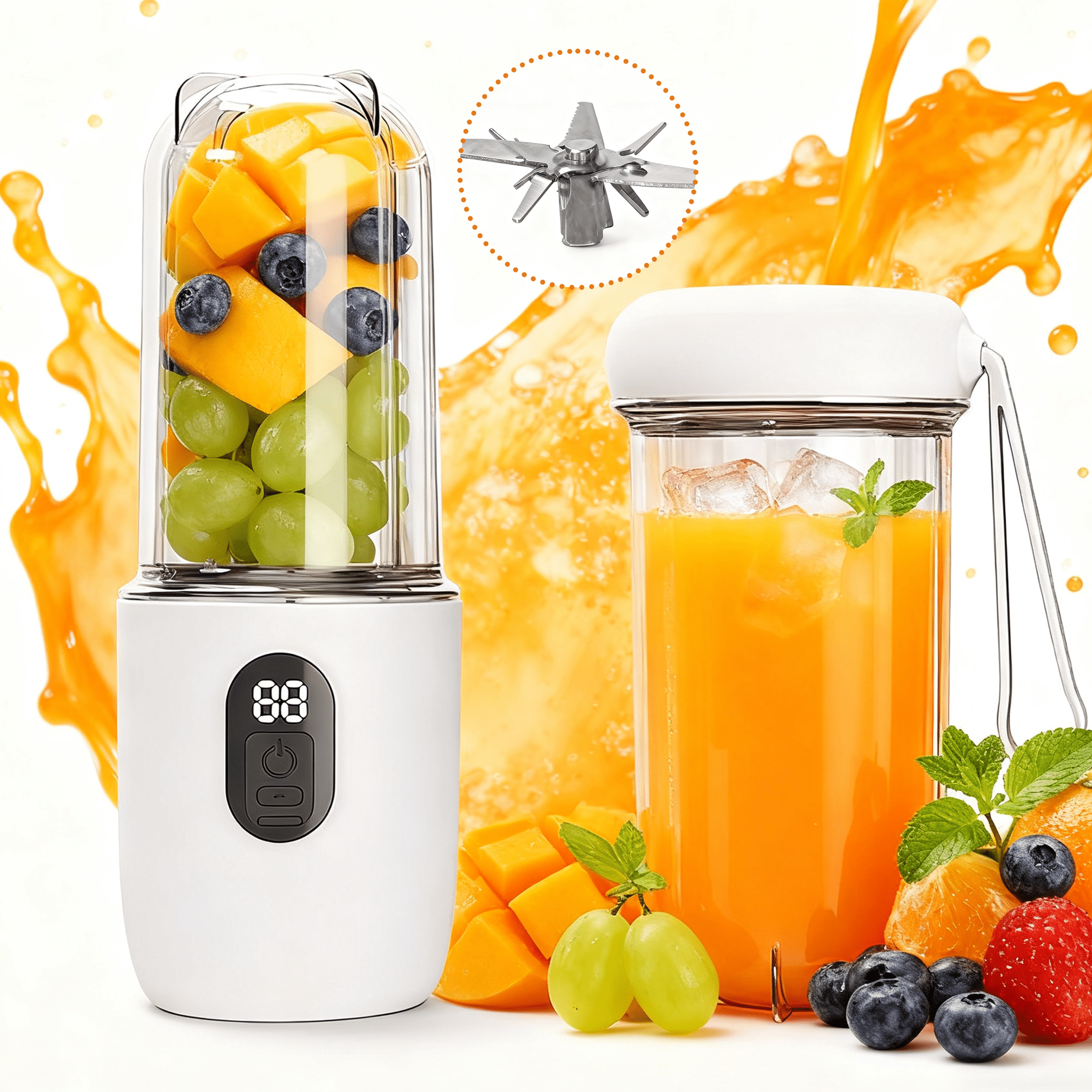 Mini-standmixer Mit 16 Edelstahlklingen – 500 Ml Fassungsvermögen – Kabelloser Smoothie-/entsafter-/standmixer – Ideal Für Outdoor-aktivitäten, Camping Und Andere Gelegenheiten – Weiß
