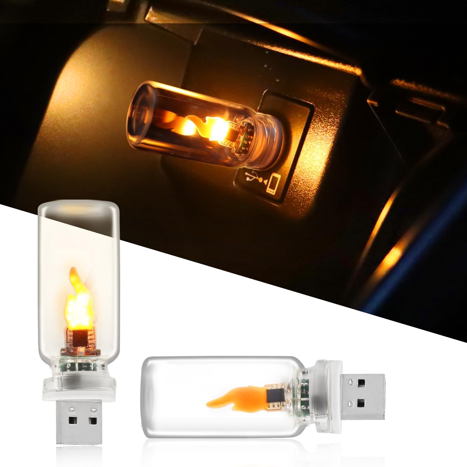 2 Usb-autolichter – Led-flammenlicht – Usb-anschluss Für Ambientebeleuchtung – Mini-led-retro-nachtlicht Aus Klarglas – Camping – Festliche Dekoration – Party
