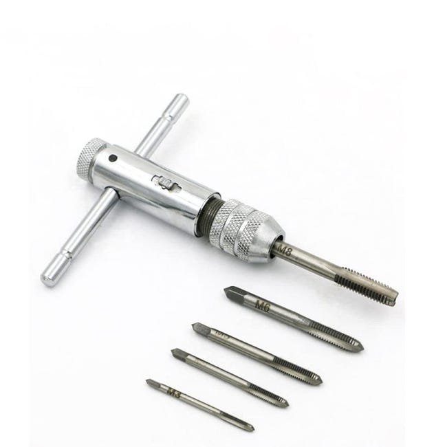 Verstellbarer Linksgewindebohrer Mit T-griff Und 5 Gewindebohrern: 3 Mm, 4 Mm, 5 Mm, 6 Mm, 8 Mm - Für Die Metallbearbeitung.