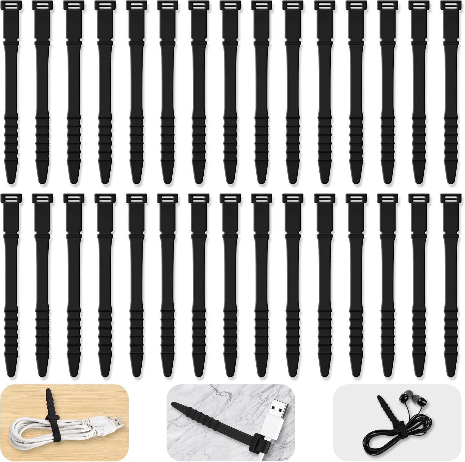 Wiederverwendbare Silikon-kabelbinder, 11,3 Cm Kabelorganisator, Kabelmanagement-drahtclips (30 Stück, Schwarz)