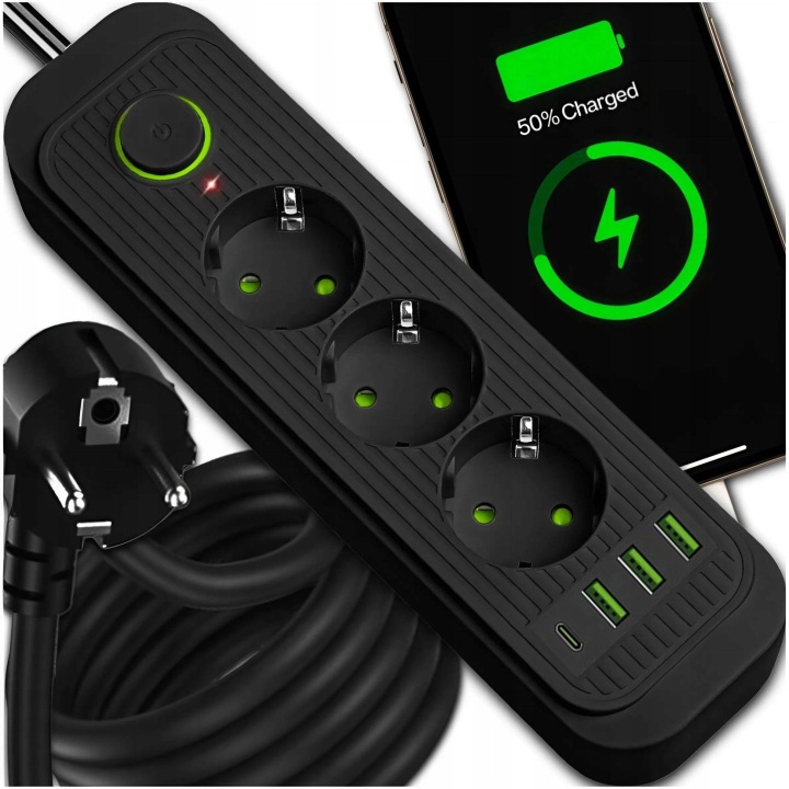 2 Meter Langes Verlängerungskabel, 3-polige Steckdose Mit Erdung, Schwarzes Usb-kabel