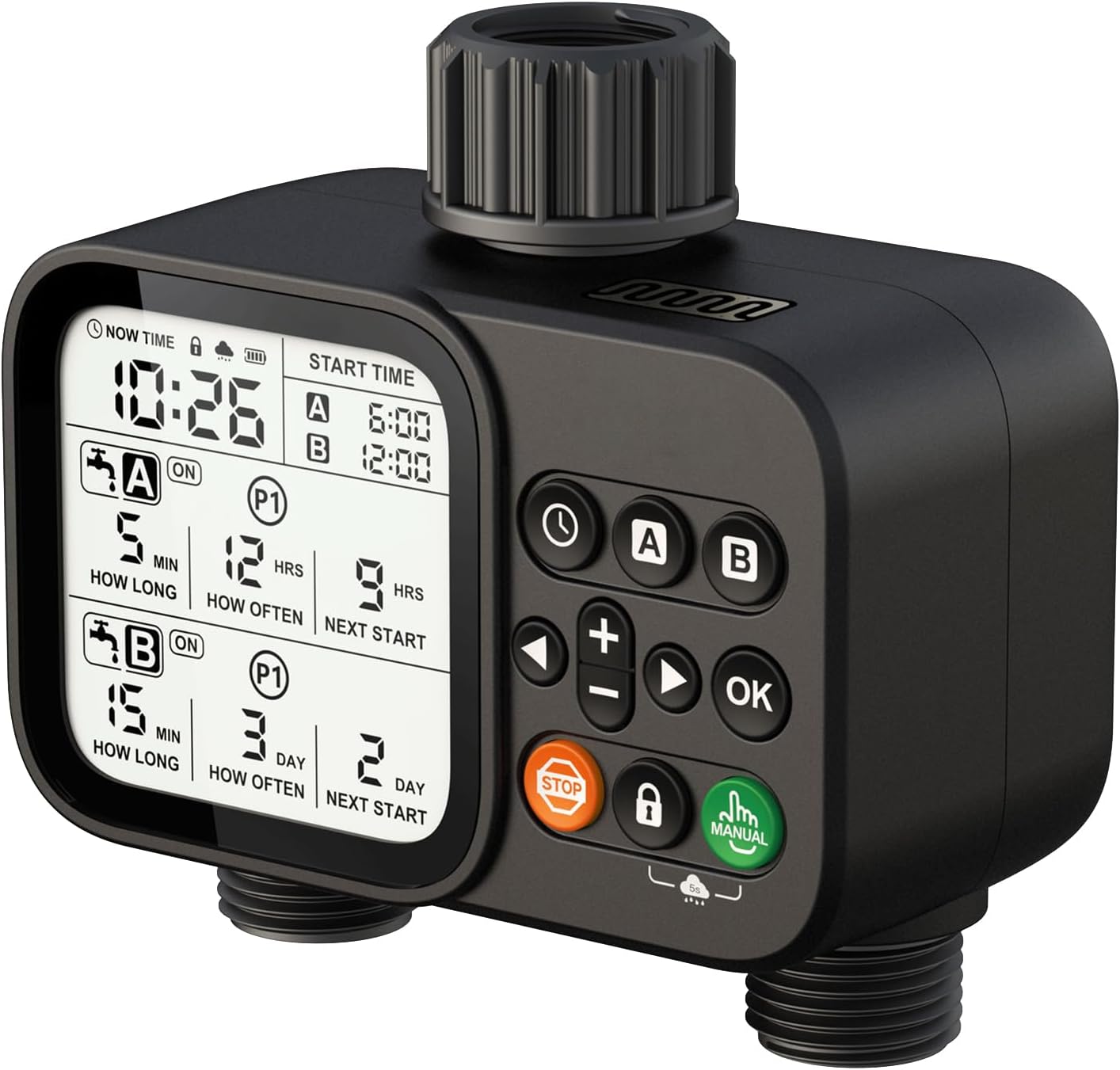 Digitale Bewässerungsuhr Mit 2 Zonen – 8 Programmierbare Bewässerungssteuerung Mit Automatischer Regenverzögerung Und 8,4 Cm Lcd-display – Perfekt Für Den Garten – 8,4 Cm