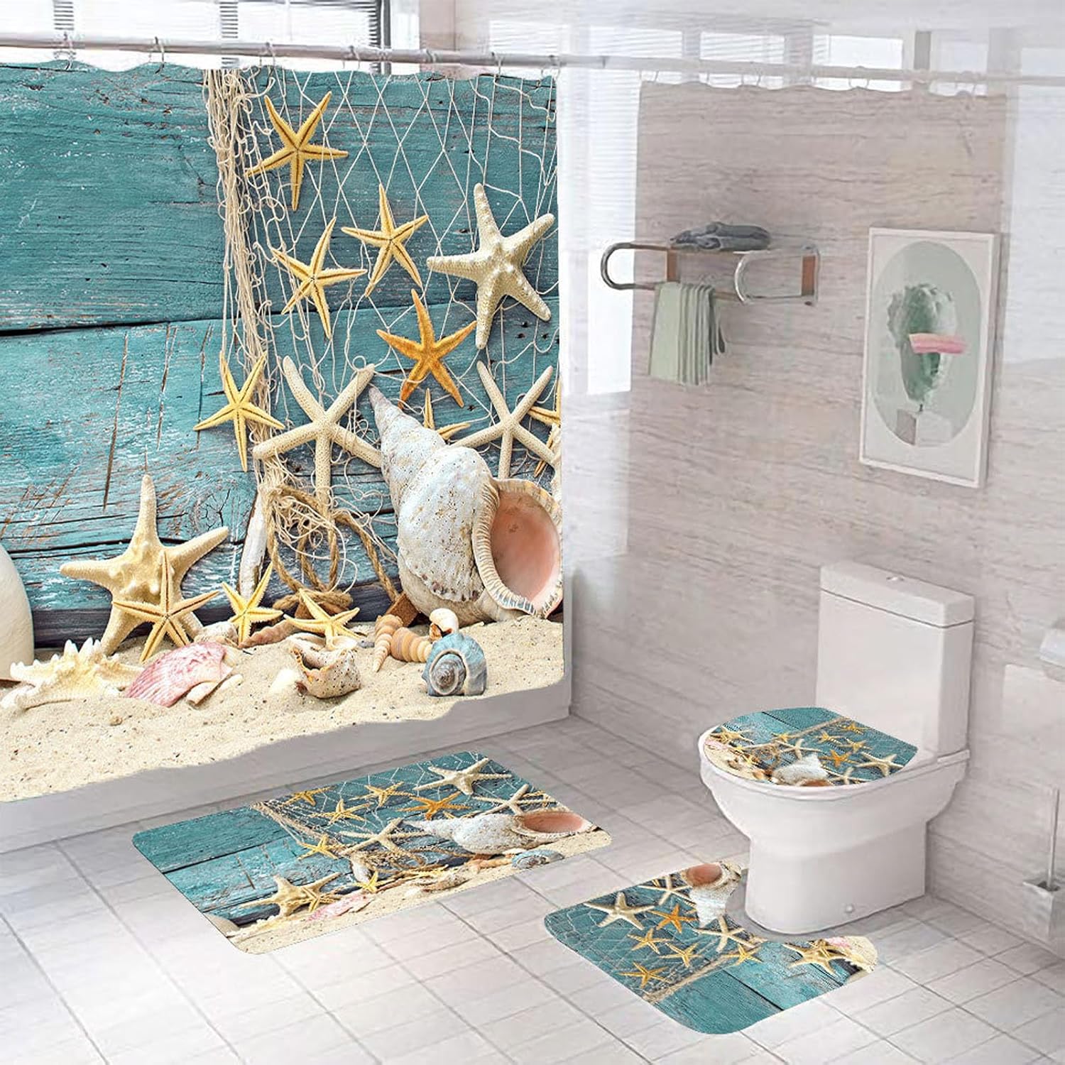 4-teiliges Sommer-duschvorhangset Mit Badematte, Wc-vorleger, Blauer Muschel, Seestern, Strandmotiv, Duschvorhang Mit Haken
