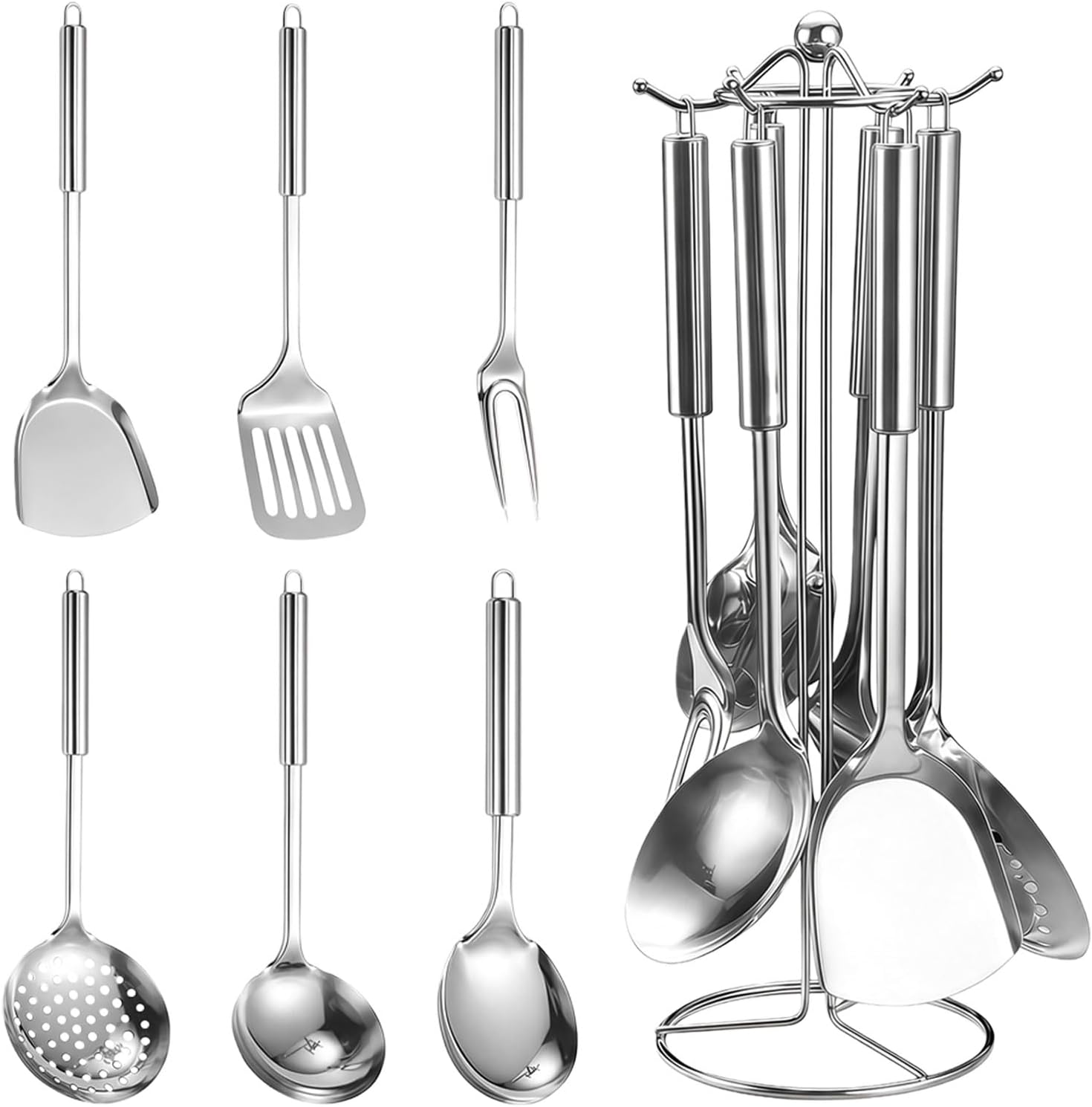 7-teiliges Küchenutensilien-set Aus Edelstahl Mit Aufbewahrungsgestell (schöpfkelle, Schaumlöffel, Pfannenwender, Tortenwender, Gabel, Reislöffel), Spülmaschinenfest.