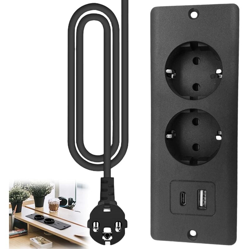 Versenkte Tischsteckdose Mit 1 Usb- Und 1 Usb-c-anschluss (pd20w), Einziehbares 1,5 M Kabel, Schwarz – Kompatibel Mit Möbeln Und Werkbänken – Fs