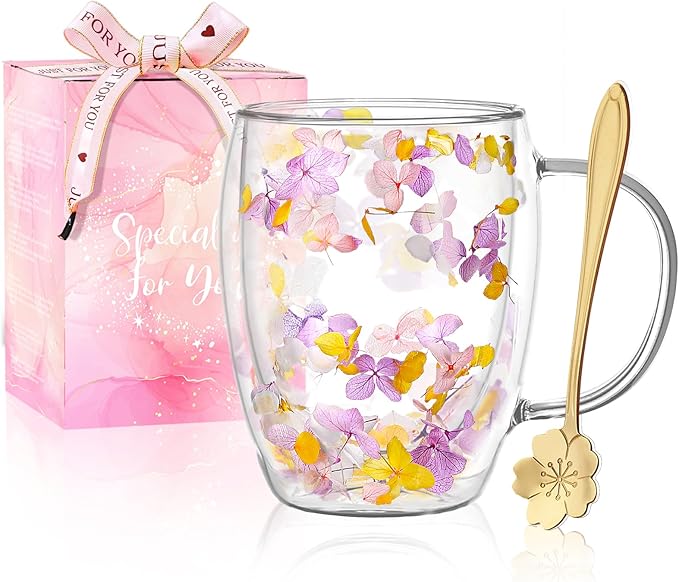 Geschenke Für Frauen: Doppelwandige Glas-kaffeetasse Mit Trockenblumen, Niedliche Teetassen Mit Isolierten Henkeln – Weihnachts- Und Geburtstagsgeschenke Für Die Beste Freundin, Lehrerin Oder Mama.