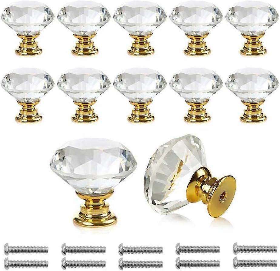 12 Türknöpfe Und -griffe Aus Transparentem Diamantkristallglas Für Schranktüren, Schubladen Und Kleiderschränke, Inklusive Schrauben, 30 Mm (12 Stück, Gold)xx