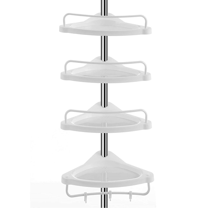 Duschablage, Höhenverstellbar, Deckenhoch, 4 Ablagen, 3 Haken, 1 Handtuchhalter, Edelstahl, Silberweiß