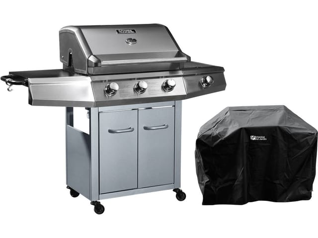Gasgrill "Bingo 4" - 4 Brenner davon 1 Seitenbrenner - 14 kW + Schutzhülle - Silberfarben