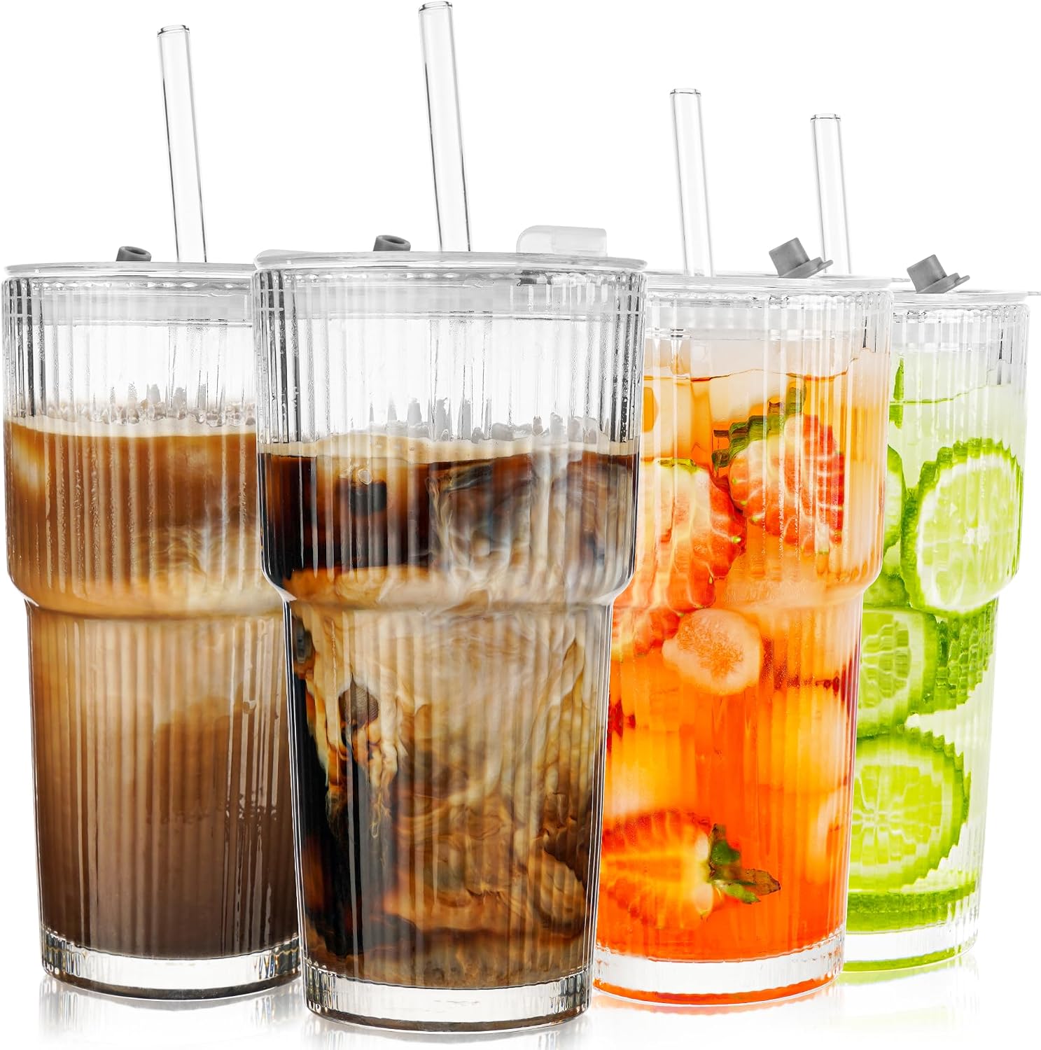 4er-packung Geriffelte Gläser (600 Ml) Mit Deckel Und Strohhalm, Dickwandige, Geriffelte Kaffeegläser, Luftdichte Und Wasserdichte Smoothie-gläser, Schöne Trinkgläser