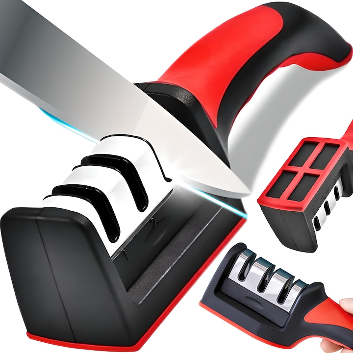 3-stufiger Manueller Messerschärfer, Ergonomischer Und Rutschfester Griff, 21 Cm, Stahl, Rot/schwarz