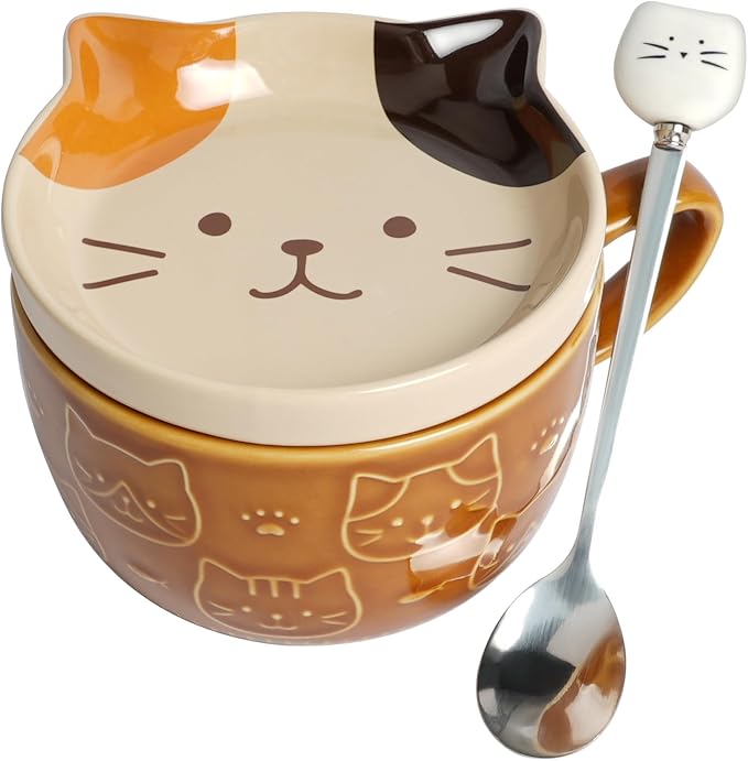 Niedlicher Katzen-keramikbecher, 300 Ml Keramikbecher Mit Deckel, Kaffeetassen-set, Keramik-frühstücksbecher, Geschenkidee Für Mädchen, Sohn, Freunde Und Familie – Braun