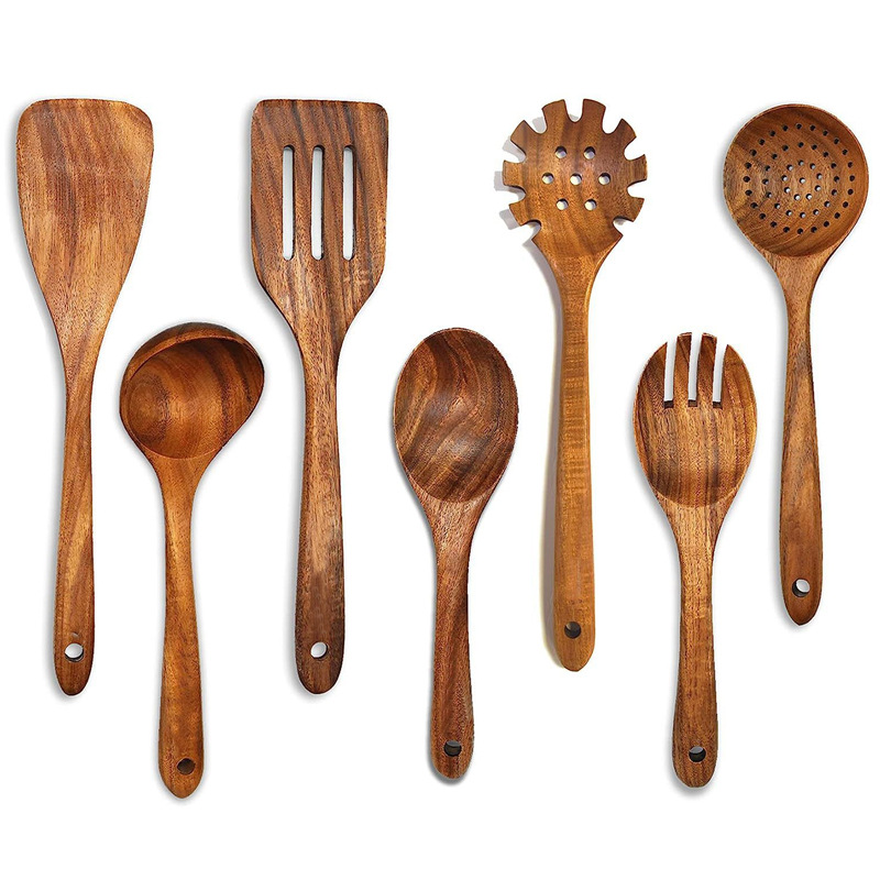 Kochlöffelset Aus Holz, 7-teiliges Küchenutensil Aus Teakholz, Küchenutensilien-set Aus Holz