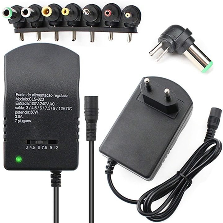 Universelles Netzteil, 7-polig, 3 V, 4,5 V, 5 V, 6 V, 7,5 V, 9 V, 12 V, Schwarz, 30 W, Eingangsspannung 100–240 V