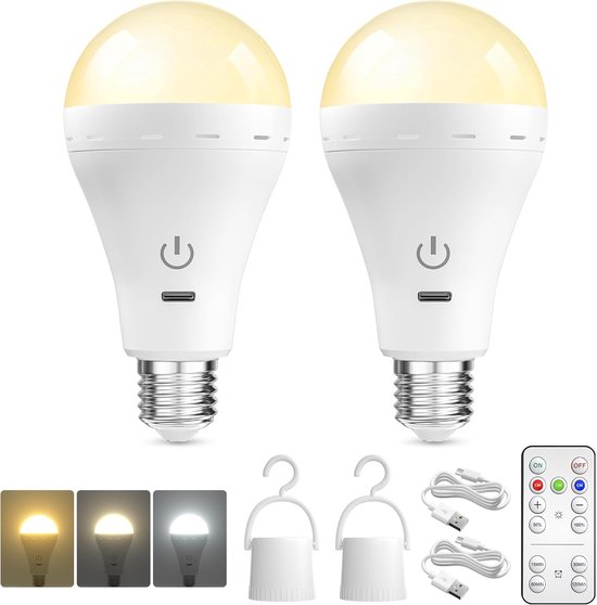 2 Wiederaufladbare E27-led-lampen, 3 Farbtemperaturen, Mit Fernbedienung, Wiederaufladbar, Timerfunktion, Kabellose Notbeleuchtung