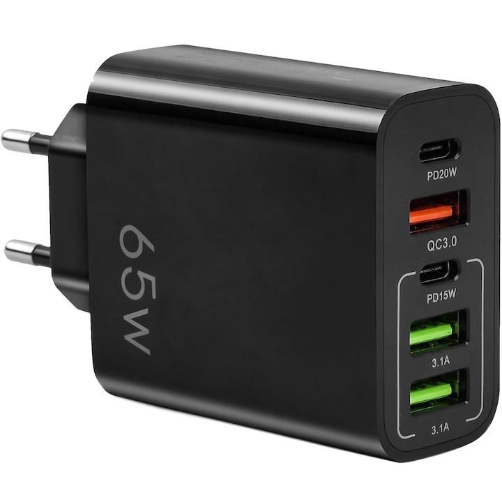 Usb-c-ladegerät, Netzladegerät, 65-w-schnellladegerät, 3 X Usb, 2 X Usb-c, 5 V/7,2 A, 9 V/4,0 A, Universell Kompatibel Mit Iphone, Huawei, Samsung, Xiaomi, Kunststoff, 2,5 X 5,5 X 10 Cm, Schwarz