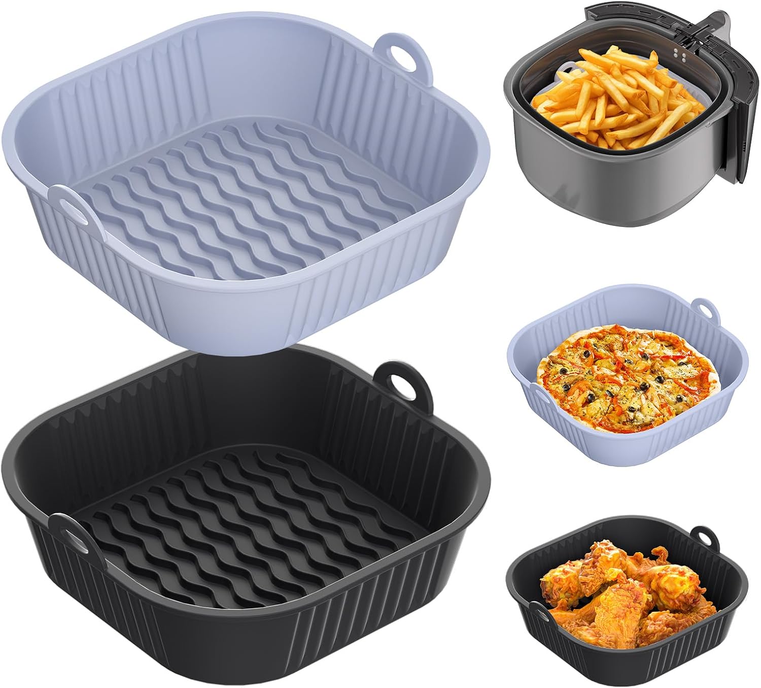 Airfryer-auflaufform 5-8l, 2-teiliges Silikon-airfryer-formzubehör, Erhöhter Boden, Wiederverwendbare Silikonform Für Hähnchen, Pommes Frites, Pizza, Kuchen, Brot (grau Und Schwarz)