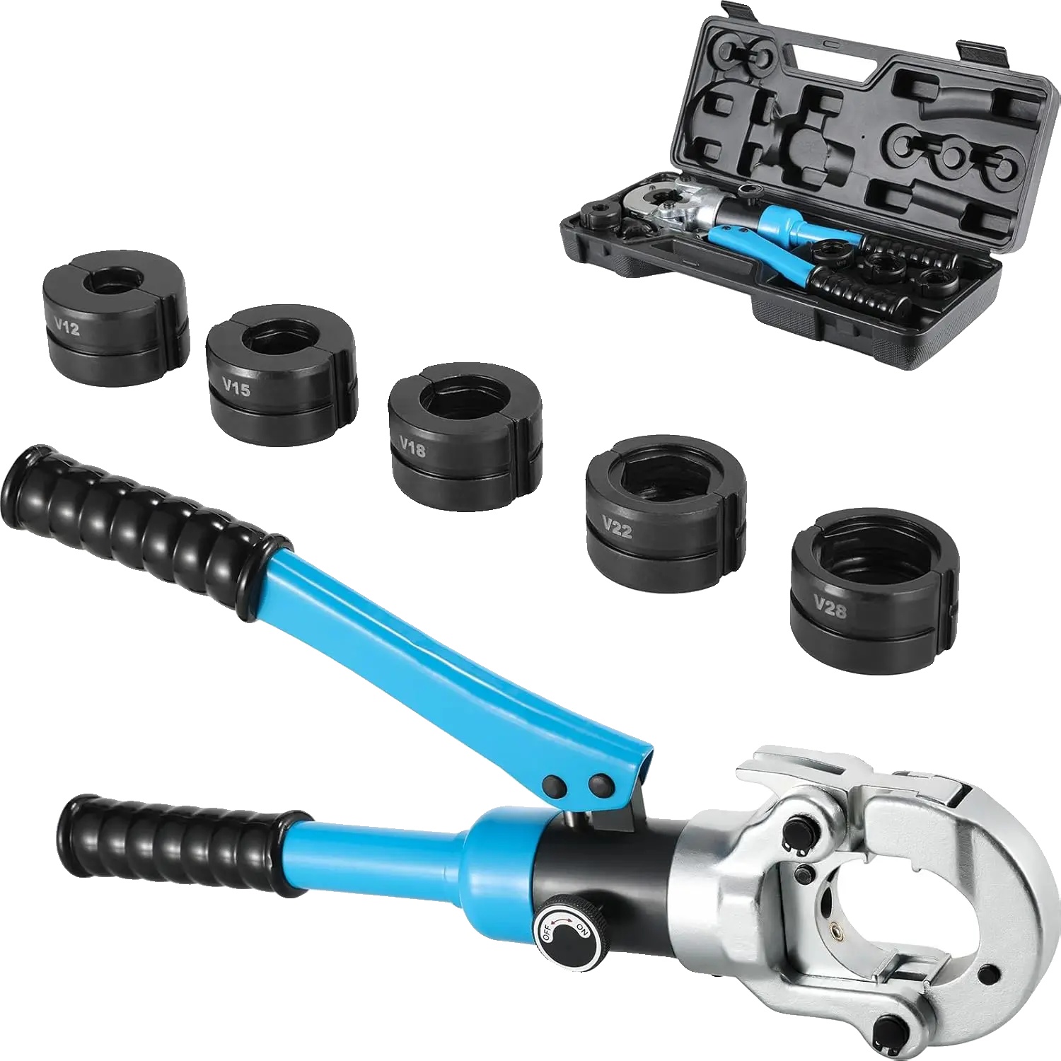 Crimpzange, Hydraulische Ausführung, Drehbarer Kopf, Blau