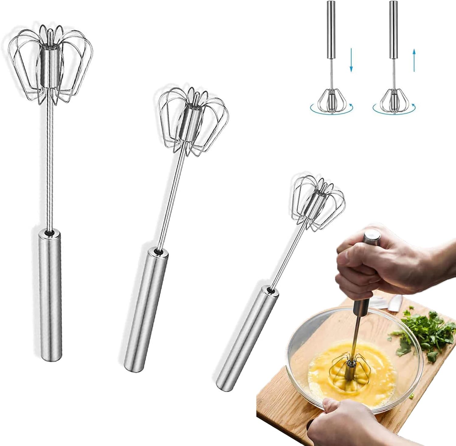 3-teiliger Halbautomatischer Schneebesen, Edelstahl-eierquirl, Manueller Küchenquirl, Druckquirl, Rotationsmixer, Rührbesen, Zum Kochen, Mischen Und Rühren