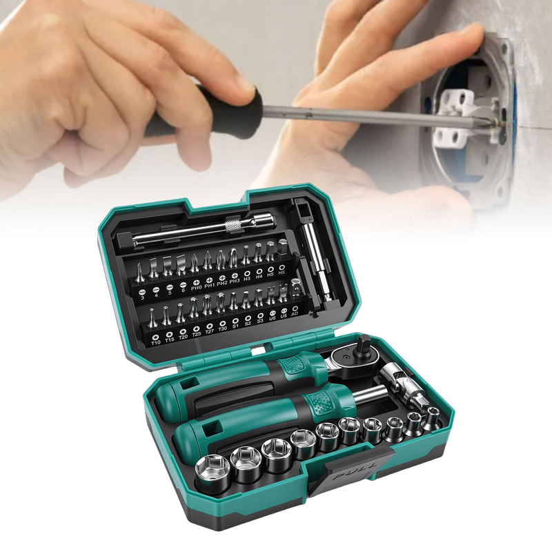 Ratsche- Und Schraubendreher-set, 10 Stecknüsse, 24 Bits, 2 Verlängerungen, Kardangelenk 1/4 Zoll, Werkzeugkoffer