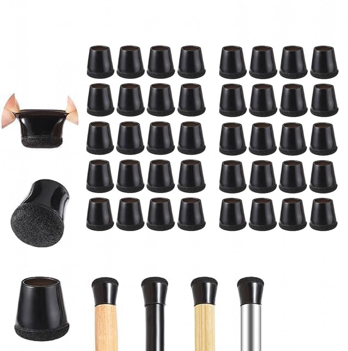 Stuhlbeinschoner, Silikonkappen Mit Filzgleitern, Für Stuhlbeine Mit 21–30 Mm Durchmesser, Schwarz, 40 Stück