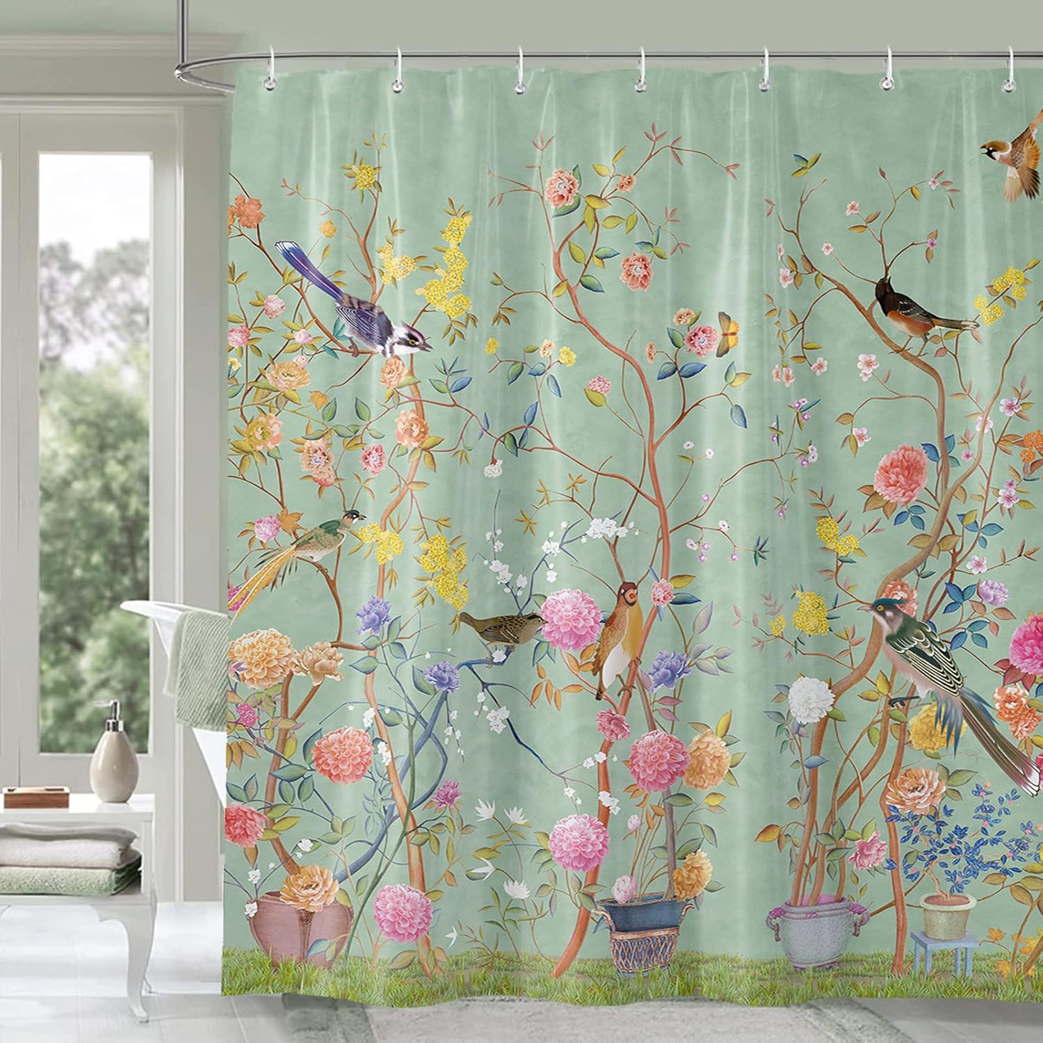 Duschvorhang Grün, Schimmelresistent, Wasserdicht, Vogel- Und Blumenmuster, Badezimmervorhänge Mit 12 Haken, 150 X 180 Cm