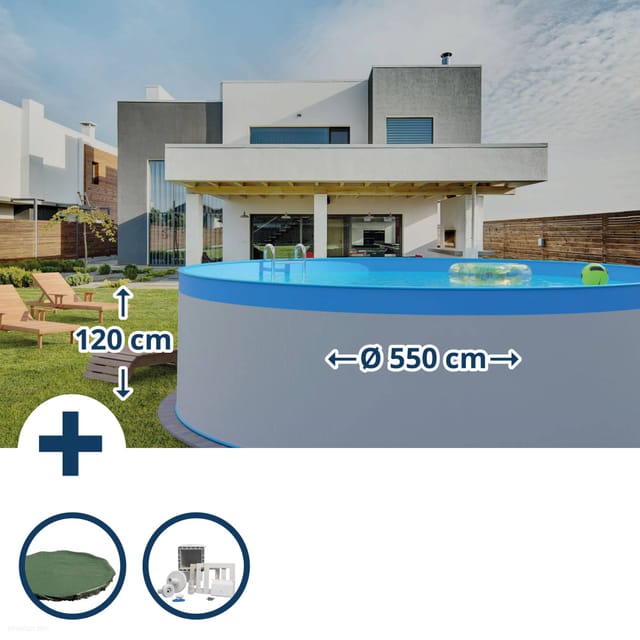 Stahlwandpool Set (3-Teilig) rund 550x120 cm, Stahl 0,4 mm weiß, Folie 0,3 mm blau, overlap