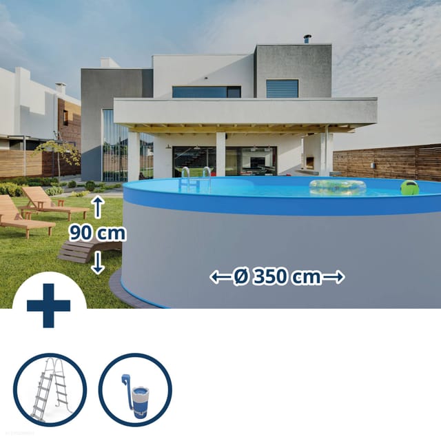 Stahlwandpool Set (3-Teilig) rund 350x90 cm, Stahl 0,3 mm weiß, Folie 0,2 mm blau, overlap