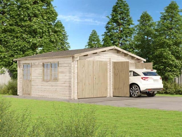 Alpholz Doppelgarage Modell D-44 ISO Garage aus Holz, Unterstellplatz mit 44 mm Wandstärke inklusive Geräteraum Fertiggarage