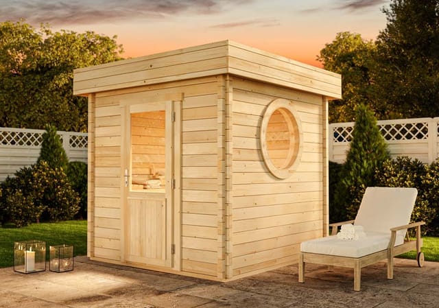 Saunahaus Cubus-70 a Gartensauna 3 Sitzbänke aus Holz, Sauna mit 70 mm Wandstärke, Außensauna mit Montagematerial - Finntherm