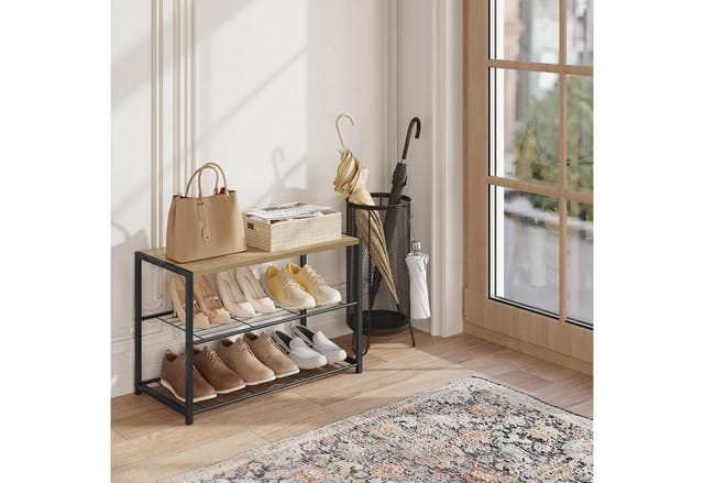 Schuhbank Schuhregal Badregal mit Sitzfläche schwarz-eiche 63x30x43cm - Woltu