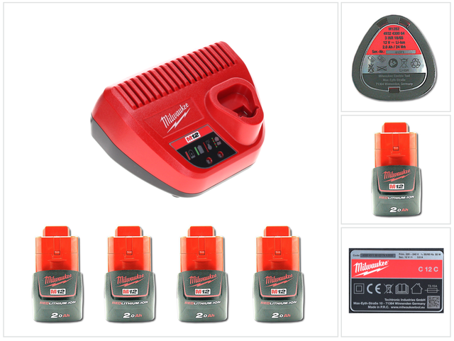 Milwaukee - Akku Starter Set 12 v mit 4x Akku 2,0 Ah + M12 C12C Ladegerät