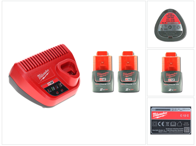 Milwaukee - Akku Starter Set 12 v mit 2x Akku 2,0 Ah + M12 C12C Ladegerät