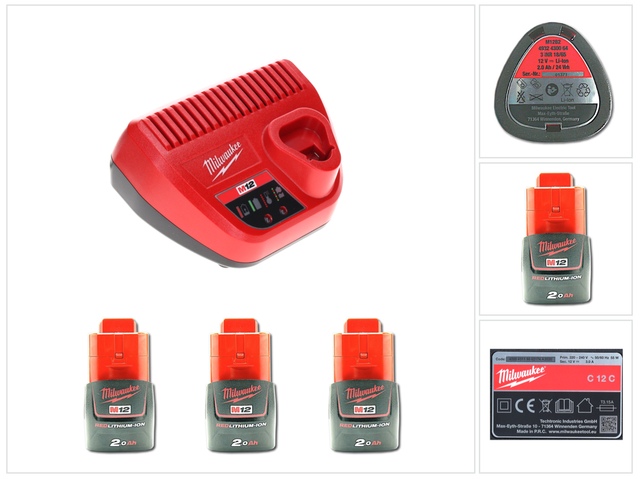 Milwaukee - Akku Starter Set 12 v mit 3x Akku 2,0 Ah + M12 C12C Ladegerät