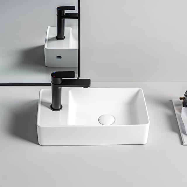 Gäste WC Waschbecken SOHO 2.0 in 46 x 25 x 12 cm aus feinster Keramik für Wandmontage oder als Aufsatzwaschbecken mit Hahnloch:Hahnloch Links