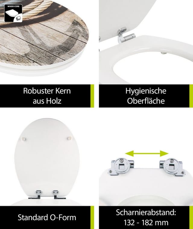 'aquaSu® WC-Sitz mit Absenkautomatik, Maritim Motiv Seemannstau, High-Gloss Toilettendeckel mit Holzkern, Fast-Fix, Metallscharnier, Komfort