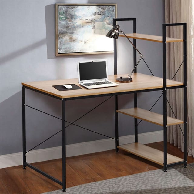 Empire Industrieller 120x60 Stahl-Holz-Schreibtisch mit Bücherregal und Regalen minimalistisches Design