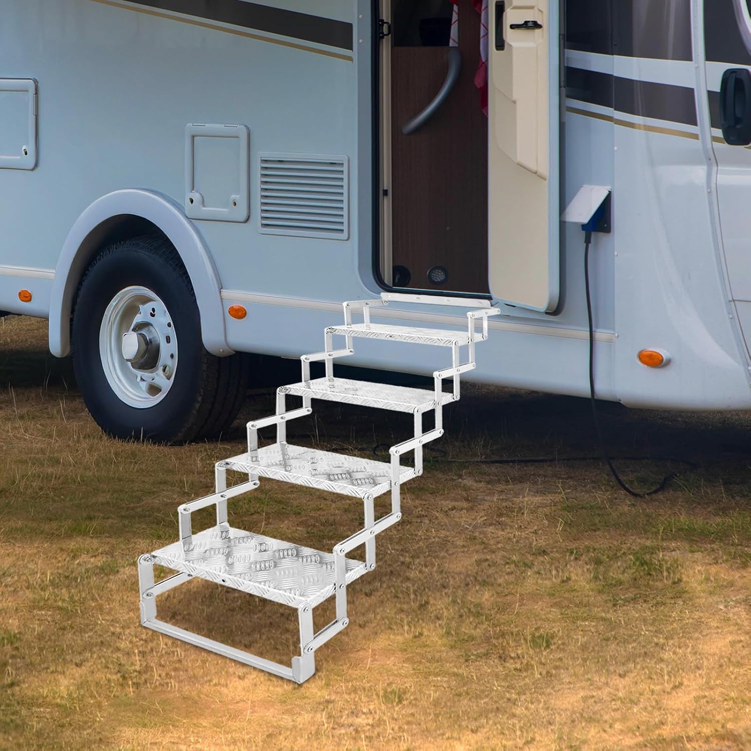 4 Steps Aluminium-scherentreppe Faltbar Bis 110 Kg, Stufenleiter Aus Aluminiumlegierung Und Kohlenstoffstahl, Rutschhemmende Trittflächen Mit Montagebohrungen Für Wohnmobil Wohnwagen Anhänger