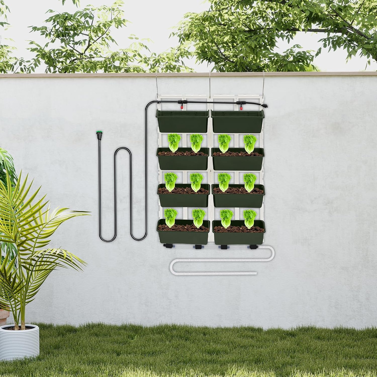 Hängende Vertikale Wand Pflanze Für Balkon (8 Töpfe), Mit Tropfbewässerungsrohr, Wassersammelkästen, Abflussschlauch, Vertikaler Garten Wand Outdoor, 67x18.6x93cm