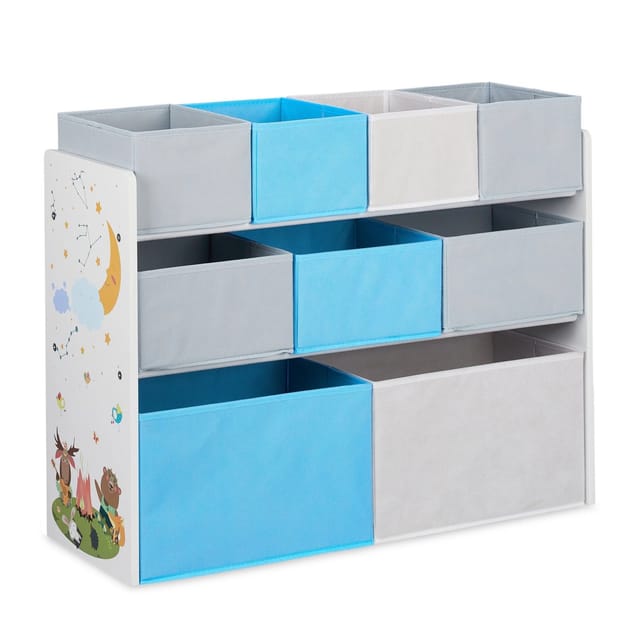 Kinderregal mit 9 Stoffboxen, Lagerfeuer Kindermotiv, Spielzeugregal Organizer hbt 66 x 82,5 x 29,5 cm, bunt - Relaxdays