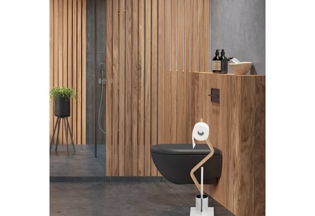 Relaxdays WC Garnitur stehend, Holz und Stahl, Toilettenpapierhalter mit Bürste, HBT 75 x 18,5 x 18,5 cm, weiß/natur